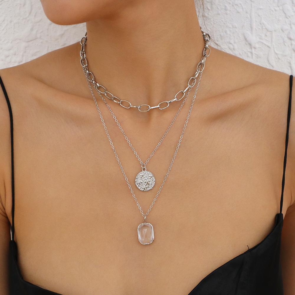 N9832 Multilayered Necklace Metal Chain Disc Geometric Necklace Exaggerated Geometric Fashion Necklace