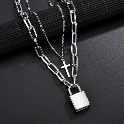 Jewelry Trendy Geometric Lock Pendant Necklace Punk Street Rock Hip Hop Double Layer Necklace Necklace