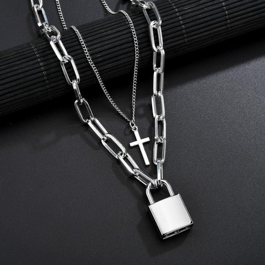 Jewelry Trendy Geometric Lock Pendant Necklace Punk Street Rock Hip Hop Double Layer Necklace Necklace