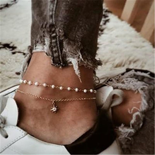 Fashion Alloy Pearl Anklet Popular Hexagram Pendant Anklet Women Jewelry