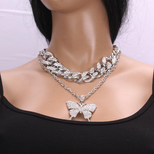 Jewelry Exquisite Exaggerated Diamond Geometric Necklace Female Retro Suit Cuban Chain Big Butterfly Necklace