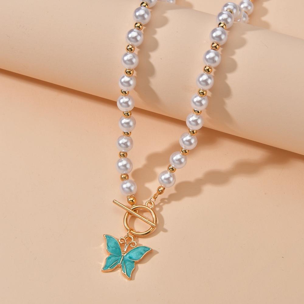 Simple Super Fairy Pearl Necklace Fashion Drop Oil Alloy Butterfly Necklace Ladies Jewelry