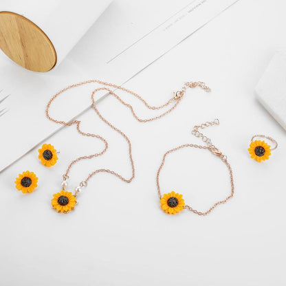 Necklace Earrings Four-piece Fashion Sunflower Pearl Pendant Set Cute Flower Clavicle Chain Female