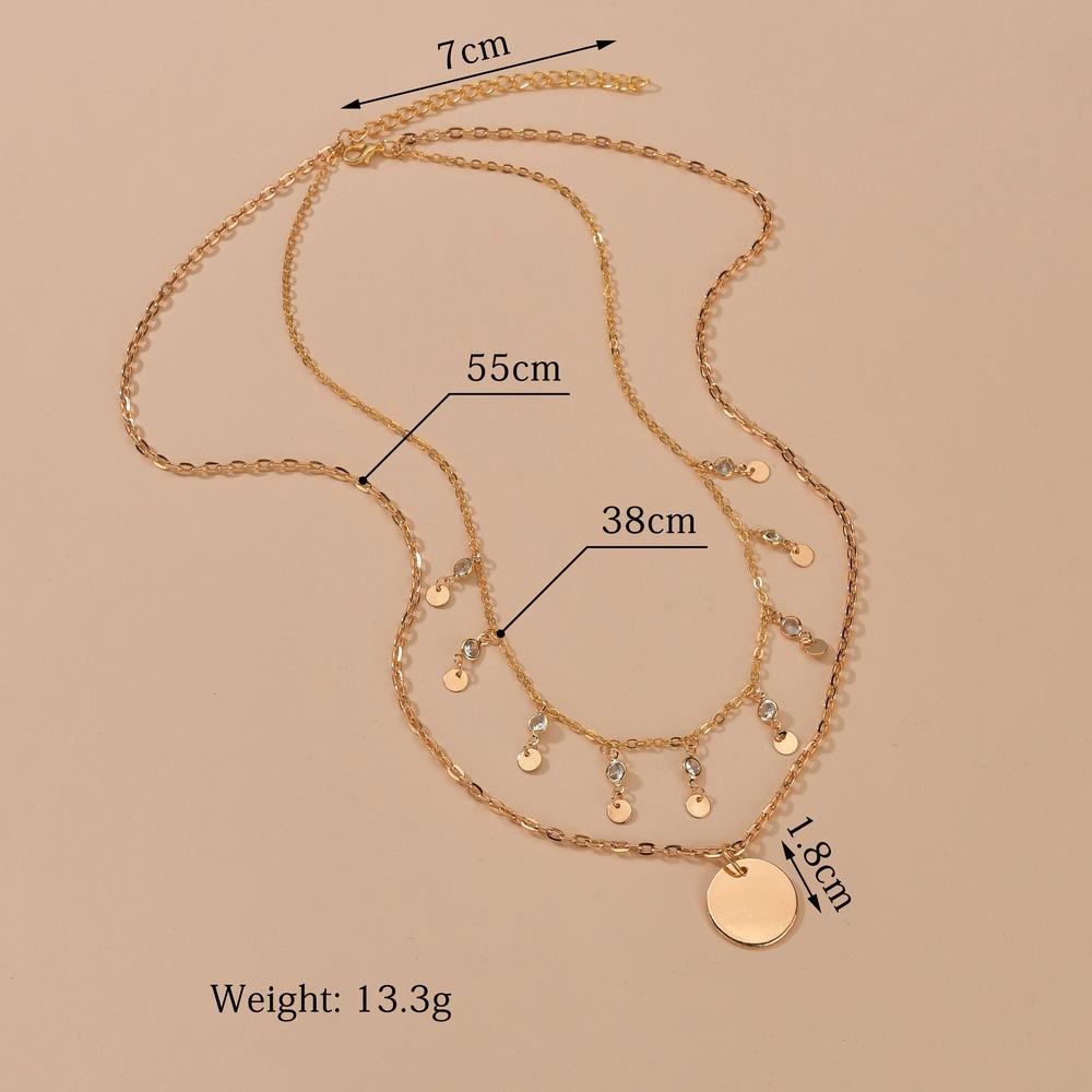 Fashion Double Layer Disc Pendant Necklace Ladies Vintage Rhinestone Necklace Jewelry Accessories