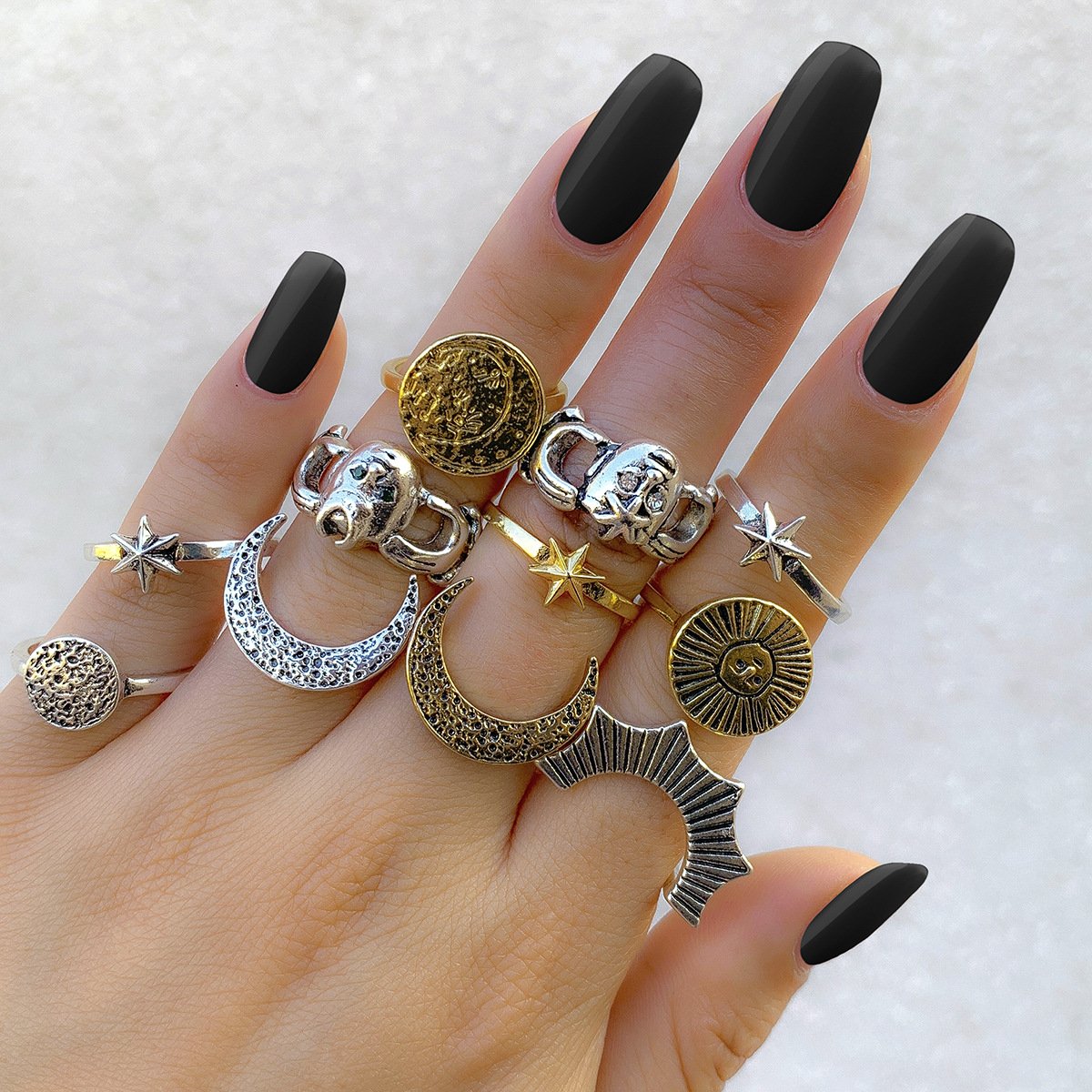 Jewelry cold geometric multi-element niche joint ring retro old star moon face makeup ring