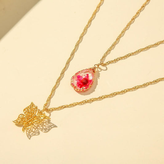 Fashion Water Drop Resin Transparent Crystal Dried Flower Pendant Super Fairy Hollow Butterfly Double Layer Clavicle Necklace For Women