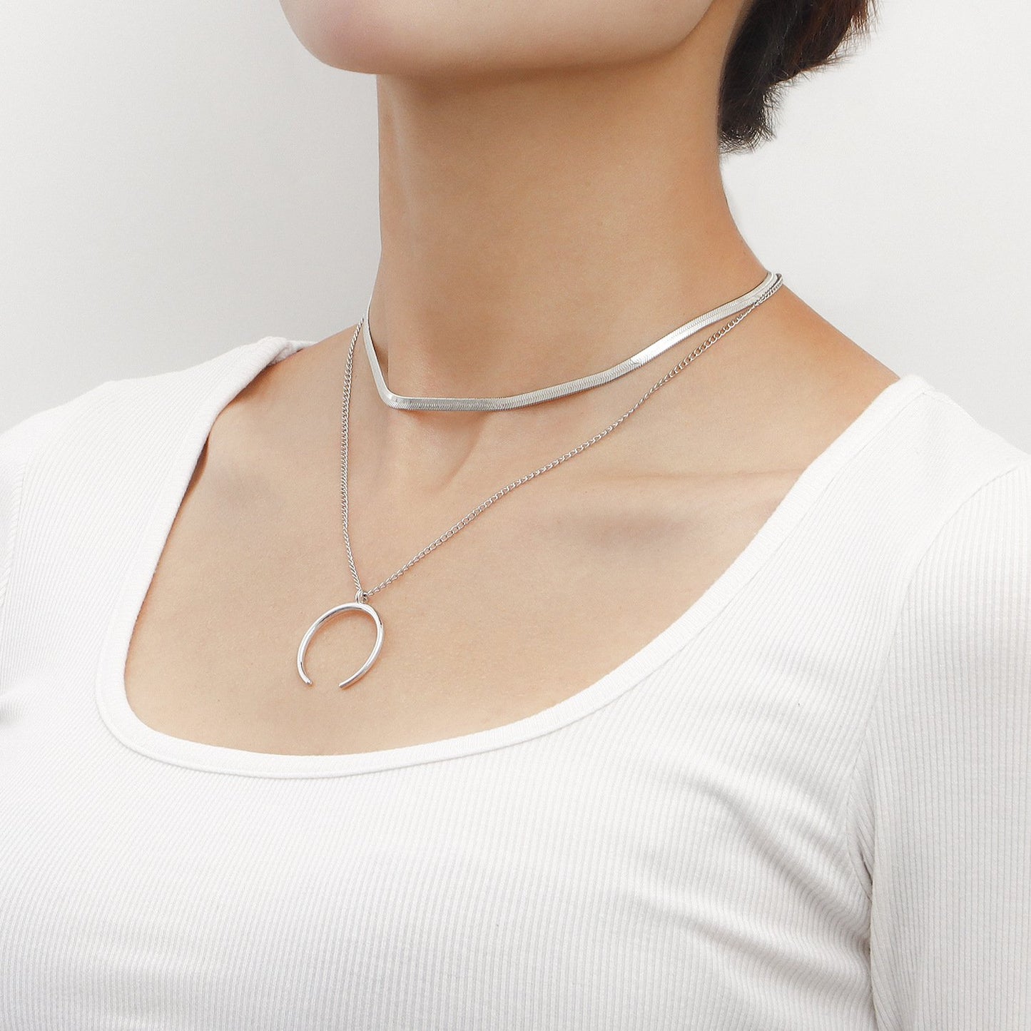 Jewelry trendy double-layer flat snake chain crescent pendant necklace female cold metal texture necklace