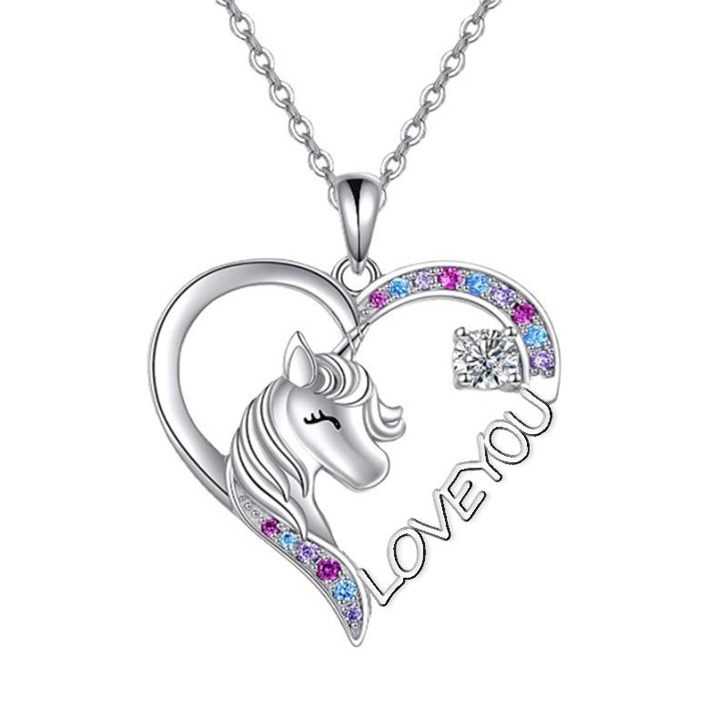 Love-shaped Unicorn Children's Pendant Necklace Female Cartoon Animal Rainbow Horse Ornament Gift