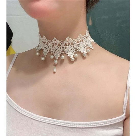 Retro super fairy white lace pearl pendant collar choker sweet and gentle short neck strap clavicle chain