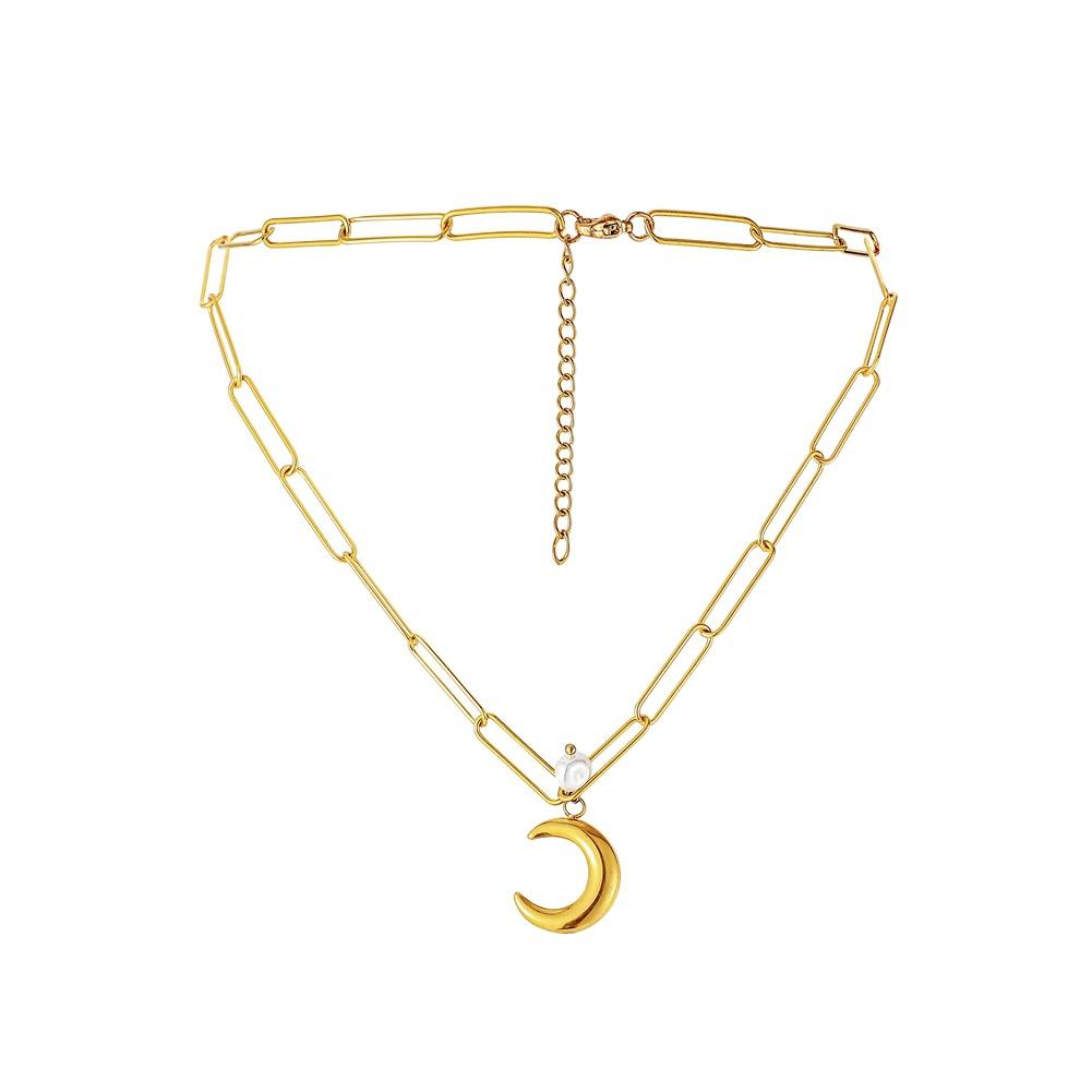 Simple stainless steel gold-plated short collarbone necklace temperament cold moon pearl titanium steel necklace