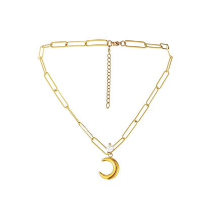 Simple stainless steel gold-plated short collarbone necklace temperament cold moon pearl titanium steel necklace