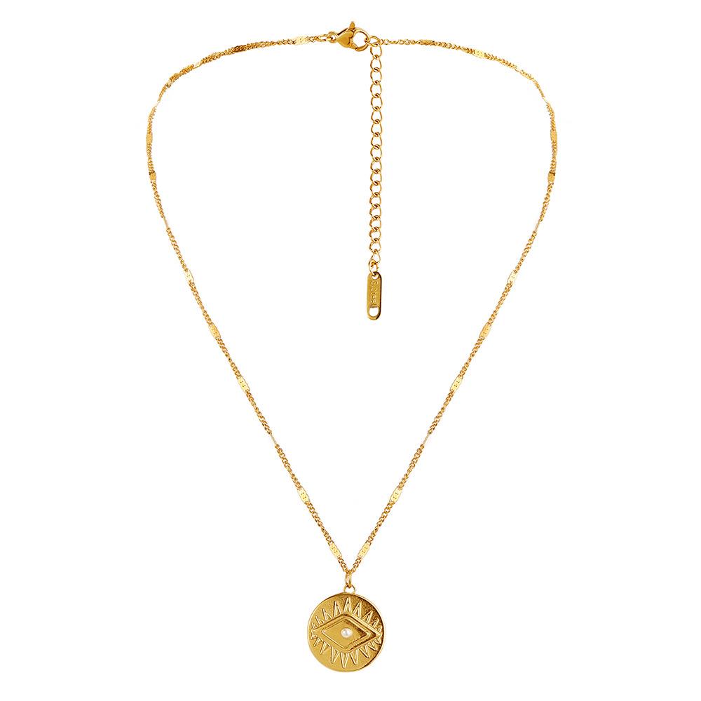 Simple ins ladies fashion stainless steel gold round pearl eyes coin choker necklace