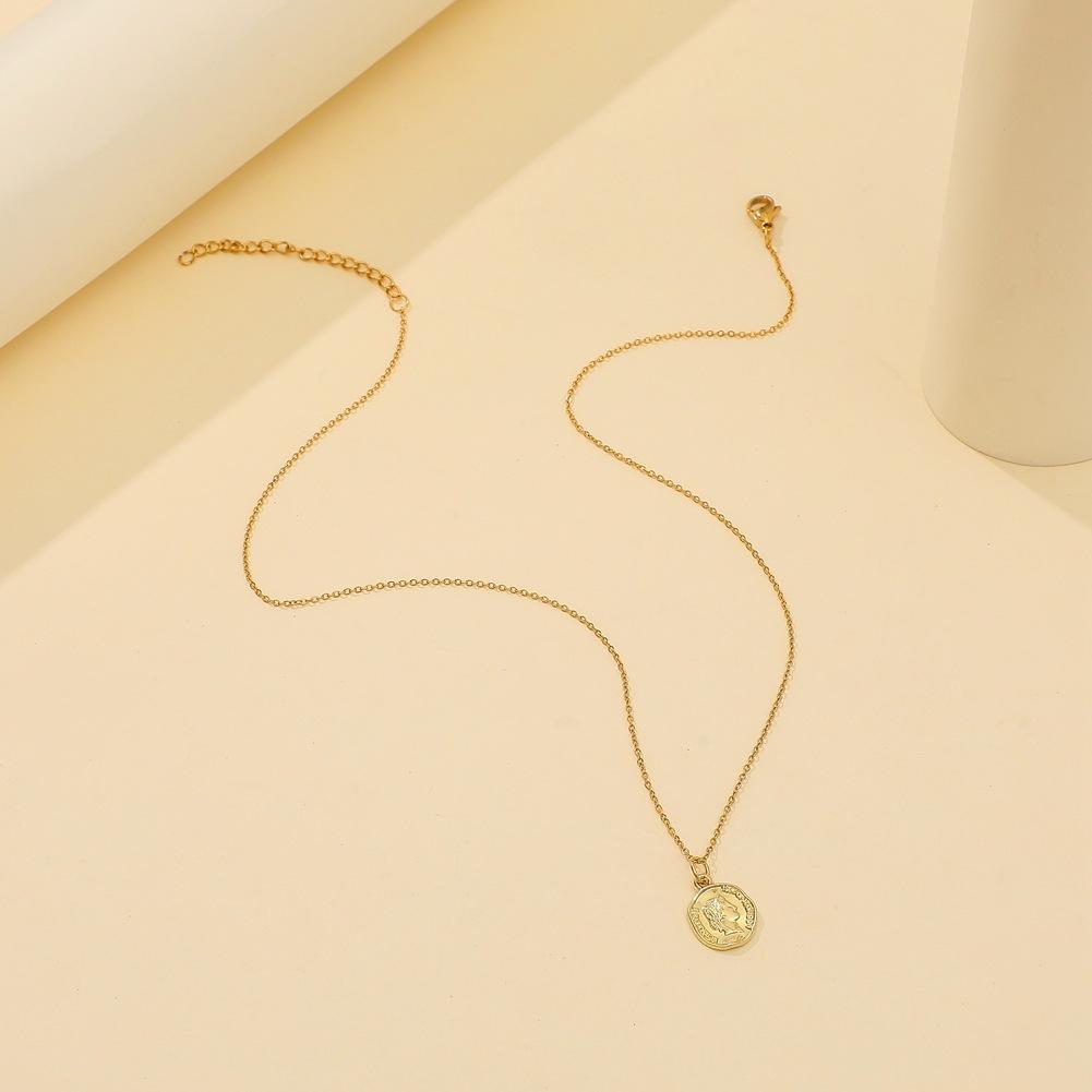 ins retro necklace fashion stainless steel chain real gold plating portrait letter coin clavicle chain