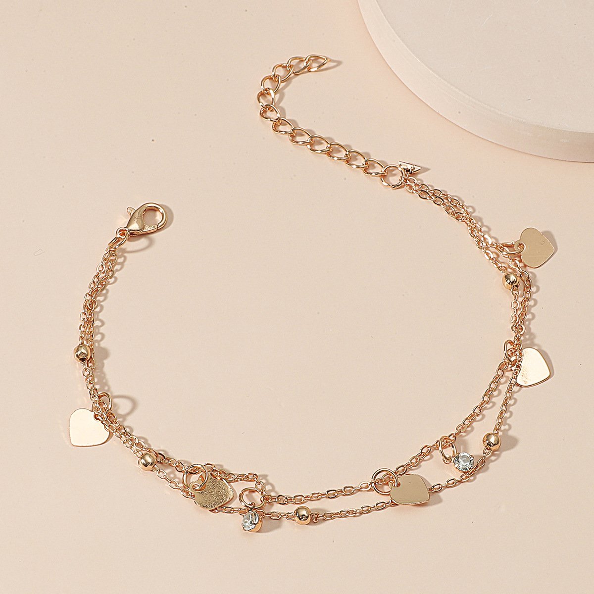 Double-layer love anklet retro alloy peach heart multi-layer beach chain net red cold foot jewelry female