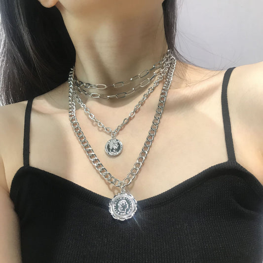 Jewelry Personality Avatar Multi-layer Necklace Sweater Chain Hip Hop Trendy Circle Coin Pendant Necklace