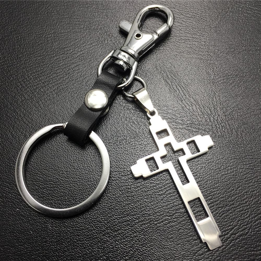 Grid Hollow Cross Stainless Steel Pendant Leather Keychain Couple Gift Small Gift