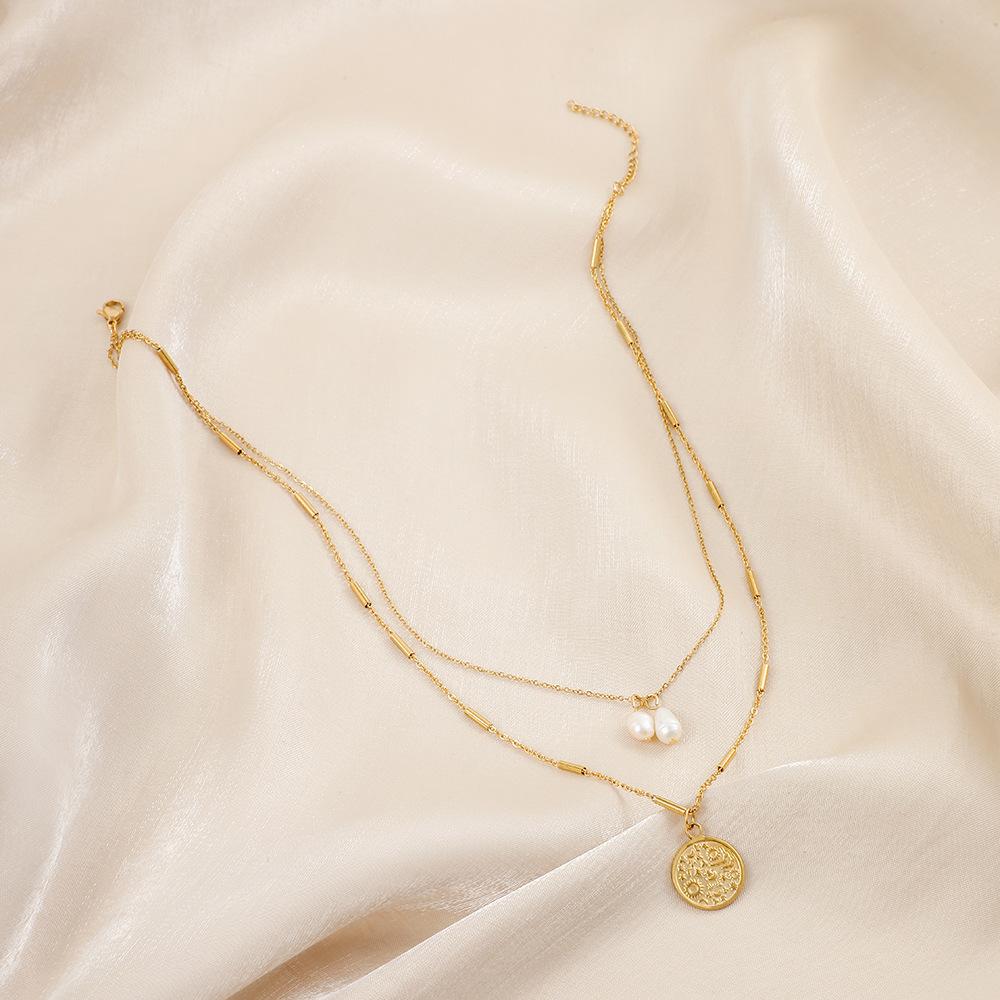 Personalized fashion stainless steel double stacked stitching golden freshwater pearl coin necklace collarbone chain