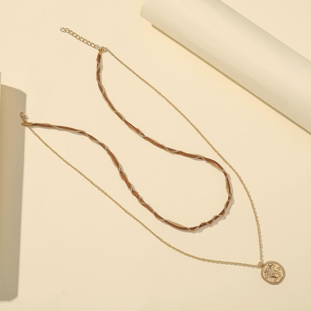 Ins simple personality double-layer suede rope chain winding coin pendant necklace clavicle chain female