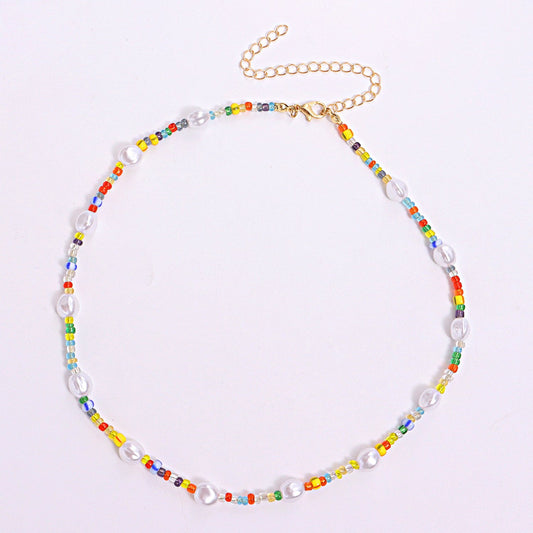 Jewelry Color Transparent White and Blue Rice Bead Necklace Female Fashion Popular Personality Pearl Necklace