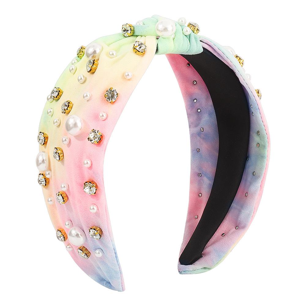 F529 Fabric Tie Dye Temperament Geometric Headband Nail Beads Rhinestone Luxury Hair Accessories Color Knotted Headband Women