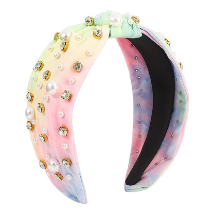 F529 Fabric Tie Dye Temperament Geometric Headband Nail Beads Rhinestone Luxury Hair Accessories Color Knotted Headband Women