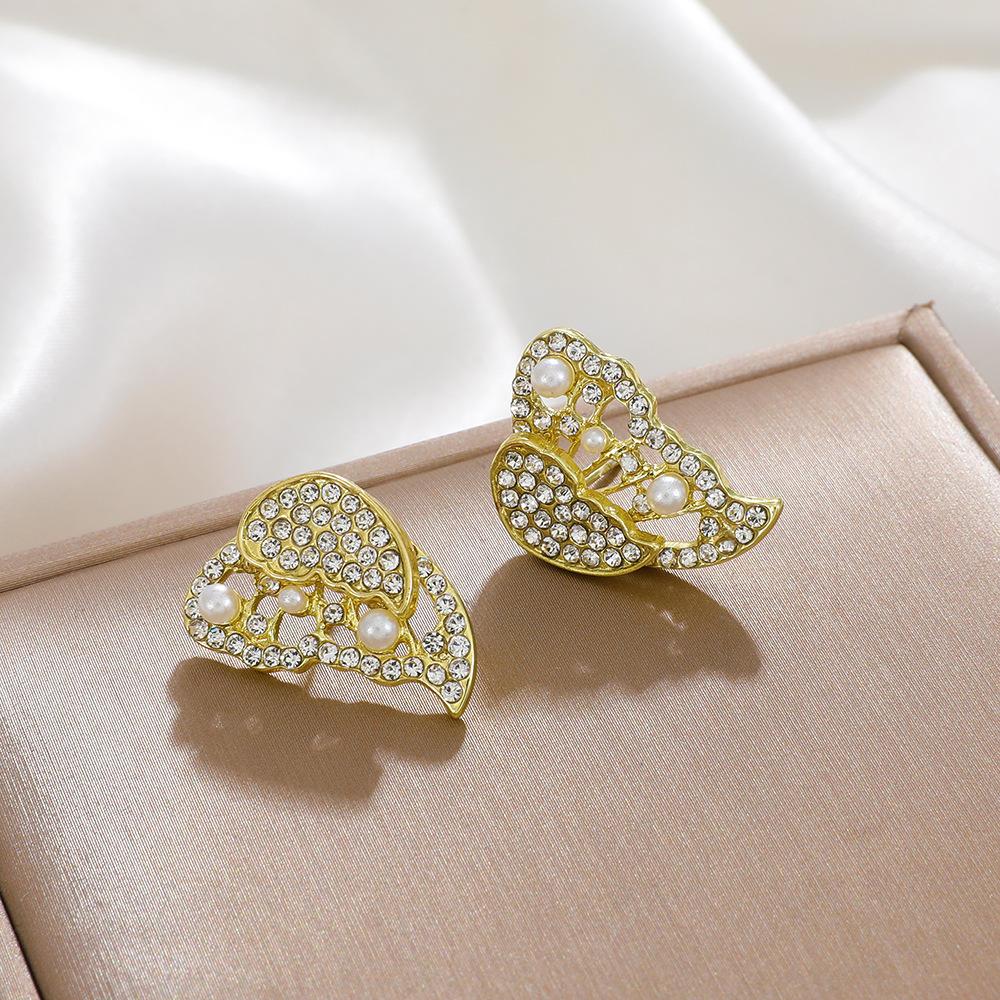 Ins micro-inlaid pearl butterfly earrings women's French light luxury butterfly dance double-layer detachable two-wear earrings tide