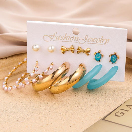 Simple trendy fresh pearl bow sea turtle earring fashion creative sky blue C-shaped earring set