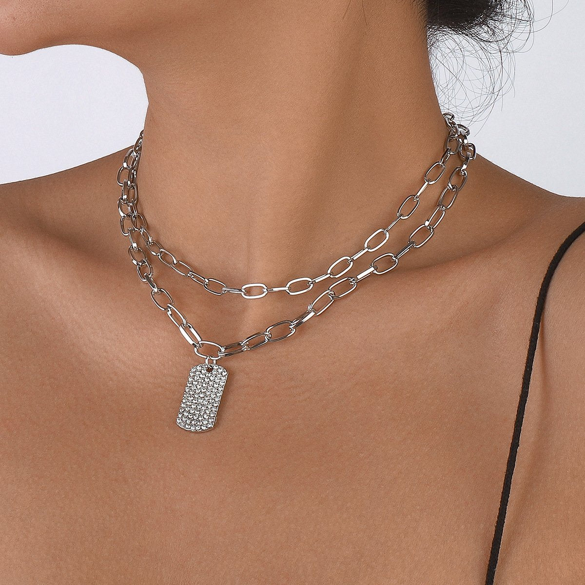 1289 Hip Hop Double Layer Necklace Exaggerated Chain Square Brand Full Diamond Geometric Necklace Literary Personality Necklace