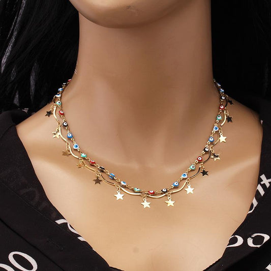 Jewelry Handmade Fashion Devil's Eye Necklace Female Simple Double-layer Pentagonal Star Pendant Necklace