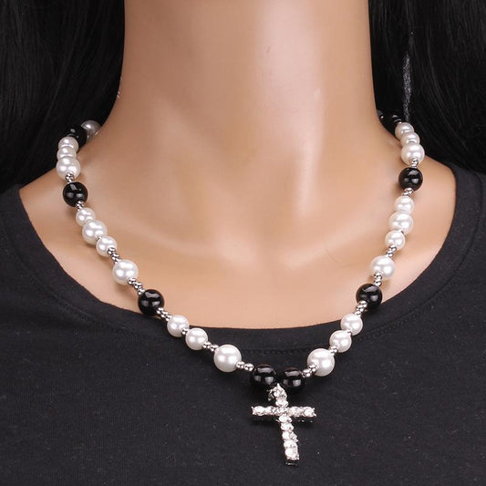 Stainless Steel Pendant Necklace Diamond Cross Pendant Glass Pearl Decoration Clavicle Chain Unisex