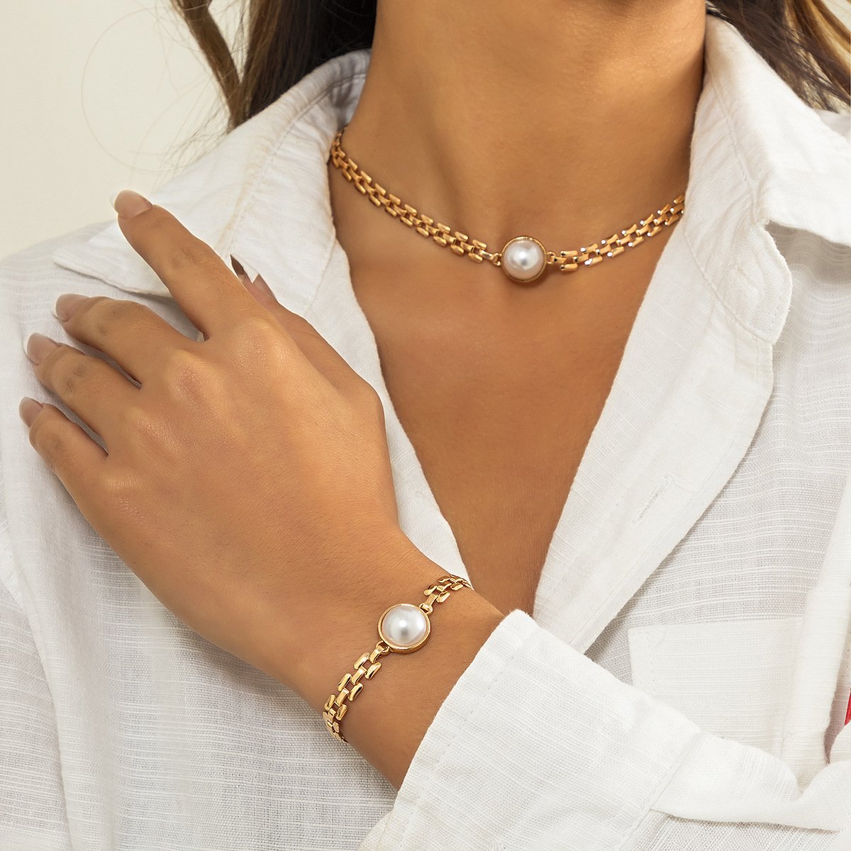 Jewelry Metal Texture Watch Chain Necklace Hip Hop Retro Inlaid Pearl Chain Clavicle Necklace