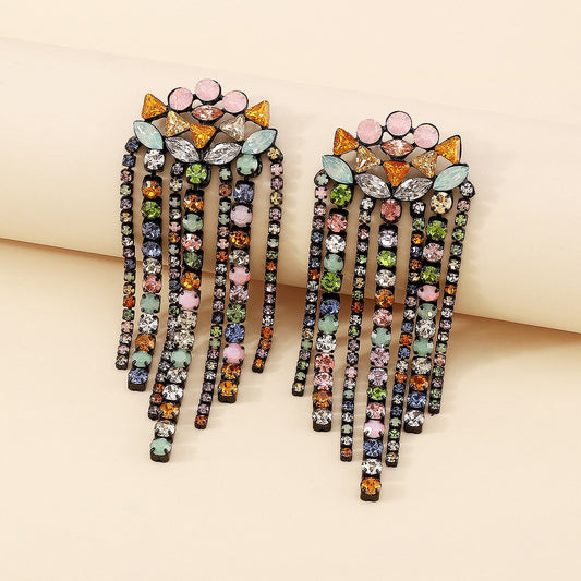 E192 Exaggerated Temperament Colorful Diamond Tassel Earrings Women's Ethnic Retro Geometric Claw Chain Light Luxury Earrings