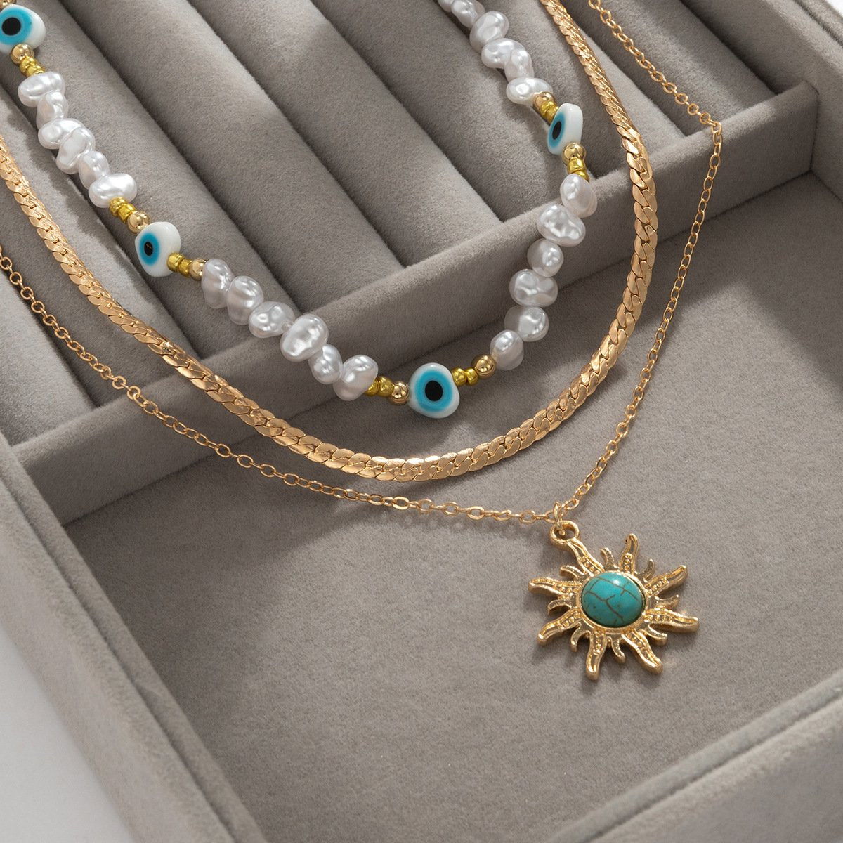 Jewelry Ethnic Sunflower Turquoise Pendant Necklace Vintage Imitation Pearl Eye Beaded Necklace
