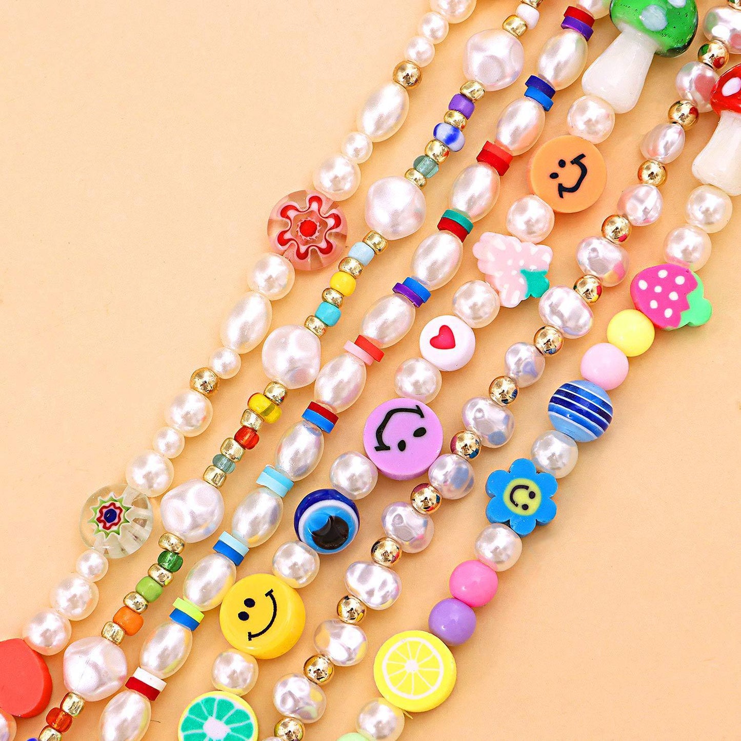 Jewelry multi-element fashion trend pearl necklace cartoon painted soft pottery fruit smiley necklace