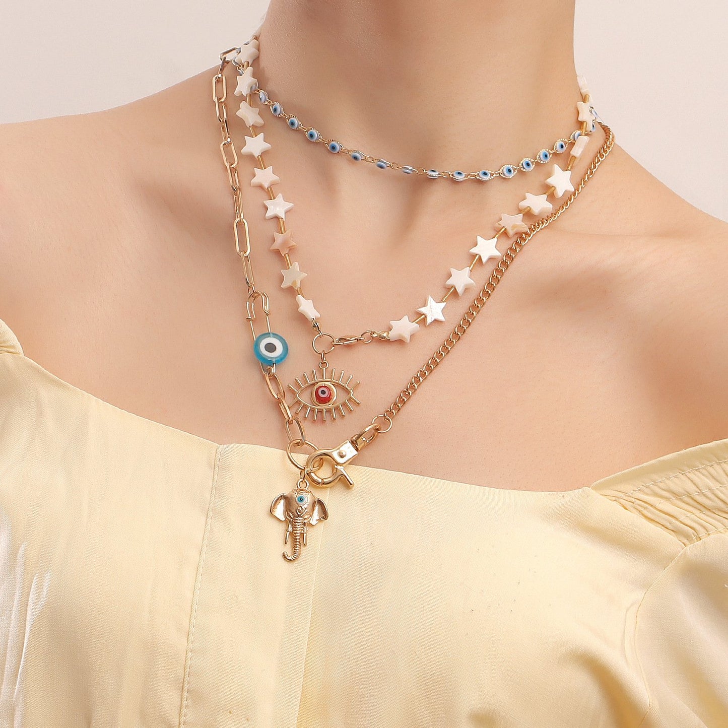 Jewelry Bohemian five-pointed star trend multi-layer devil's eye necklace female elephant trunk accessories