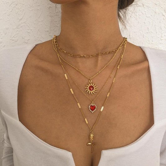 N9511 Jewelry Retro Sun Heart Flower Necklace Diamond Necklace Fashion Necklace Female