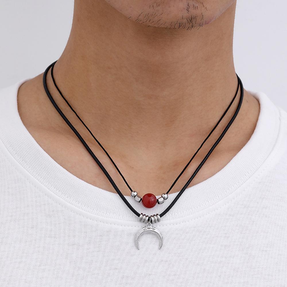 Trendy fashion independent design men's simple double layer red agate stainless steel moon wax rope necklace