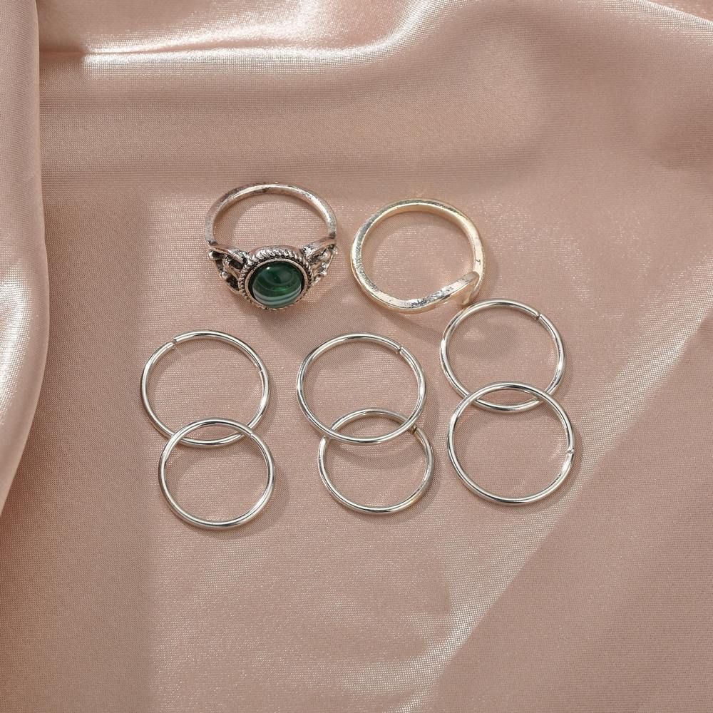 Fashion personality Bohemian ethnic ball turquoise alloy wave ring 8-piece set for women