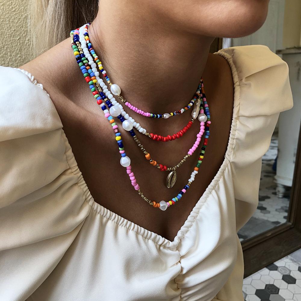 N777 Bohemia Vacation Rice Bead Necklace Female Fashion Ethnic Imitation Pearl Clavicle Chain Alloy Pendant