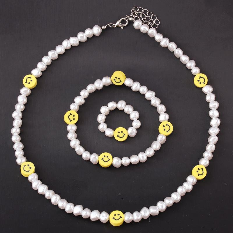 Jewelry ins pearl soft pottery smiling face beaded 42cm necklace stretchable elastic rope bracelet ring