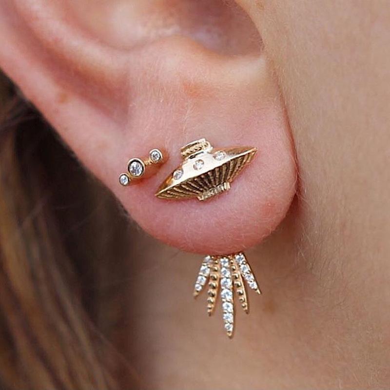 Earrings personality post-hung spaceship earrings women's indifferent diamond-studded starburst flying saucer earrings