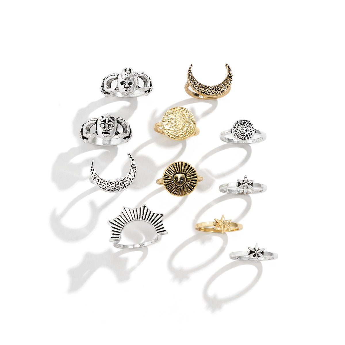 Jewelry cold geometric multi-element niche joint ring retro old star moon face makeup ring
