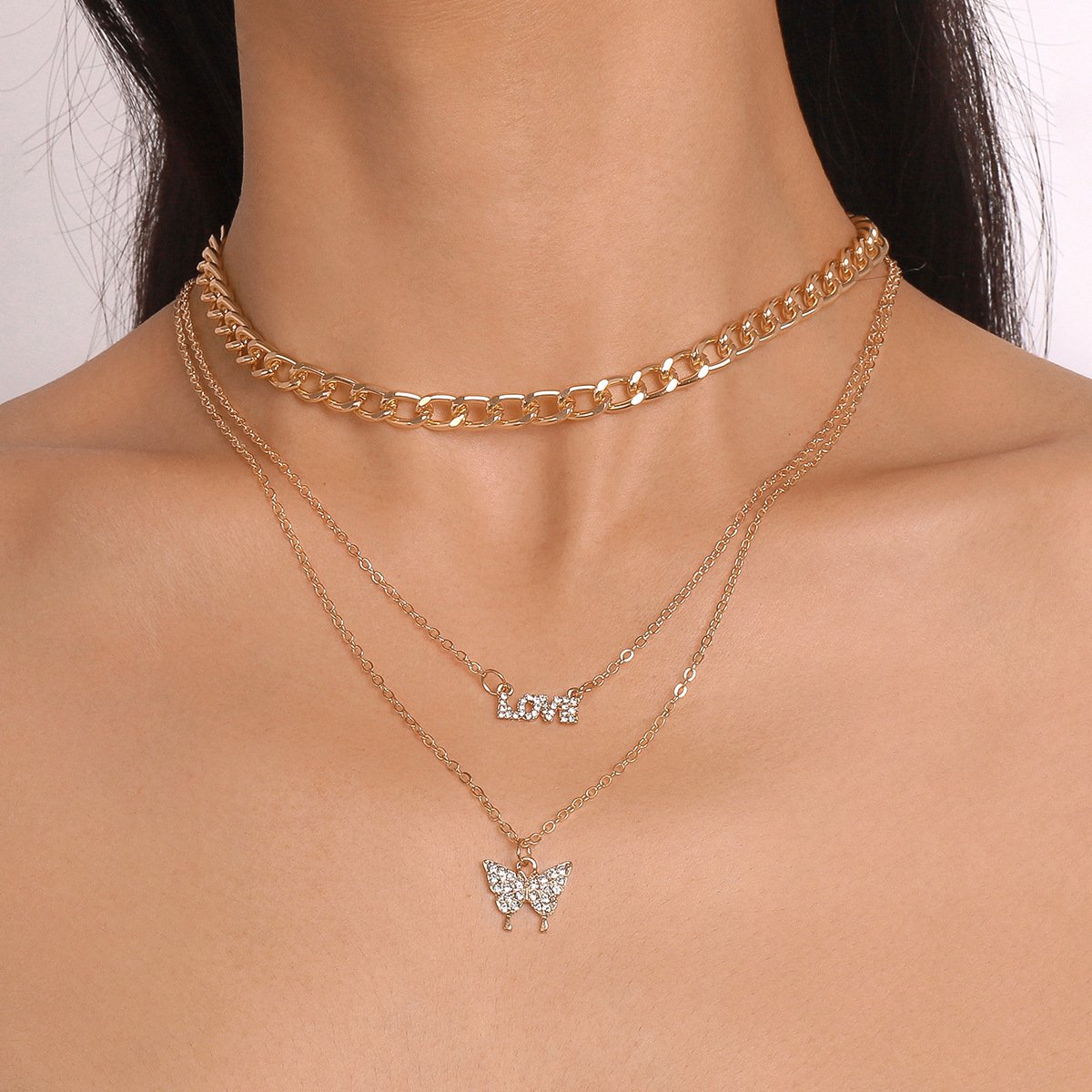 N1537 Simple retro metal pendant LOVE butterfly micro-inlaid multi-layered punk necklace female