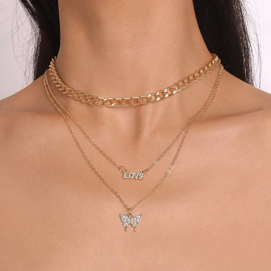 N1537 Simple retro metal pendant LOVE butterfly micro-inlaid multi-layered punk necklace female