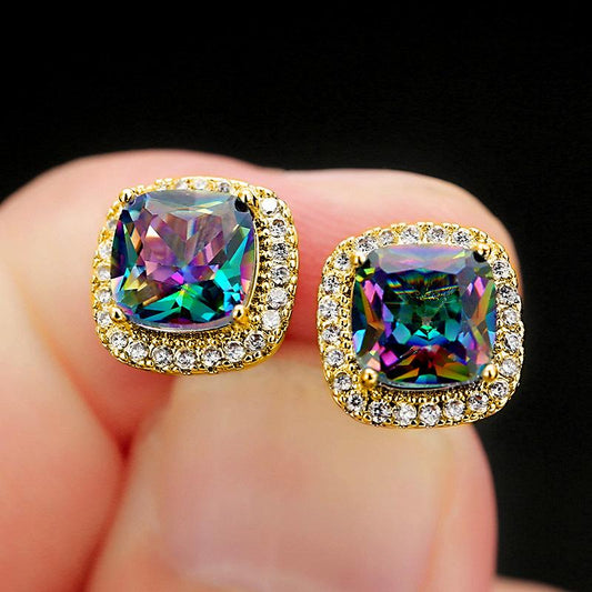Jewelry Temperament Women's Color Diamond Earrings Fashion Niche Four-claw Stud Earrings Jewelry