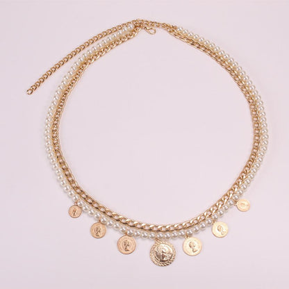 Jewelry Personality Retro Slim Thick Chain Body Chain Female Simple Double Layer Imitation Pearl Pendant Waist Chain