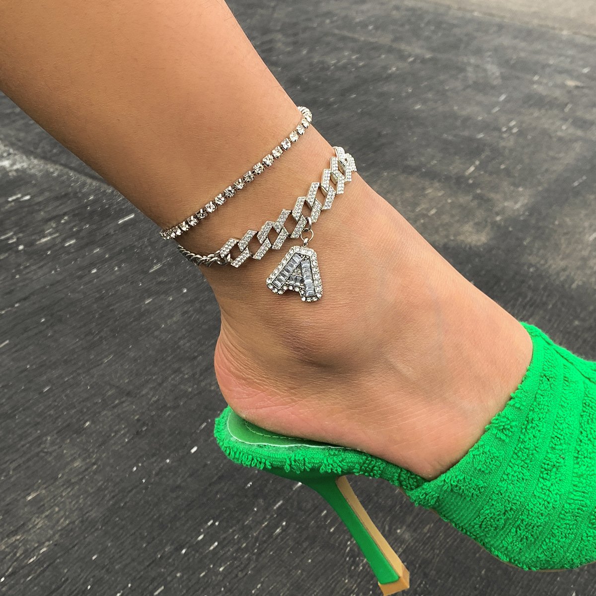 Jewelry hip-hop full diamond Cuban chain anklet female retro trend inlaid rhinestone letter foot decoration set