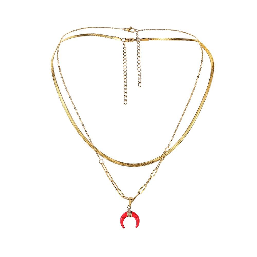 Specific light luxury design titanium steel double layer moon necklace flat snake chain collar turquoise crescent pendant necklace
