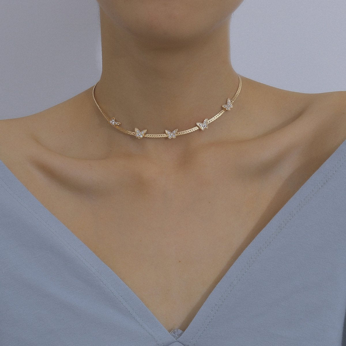 Jewelry Simple Flat Chain Necklace Clavicle Chain Temperament Diamond Butterfly Necklace Choker