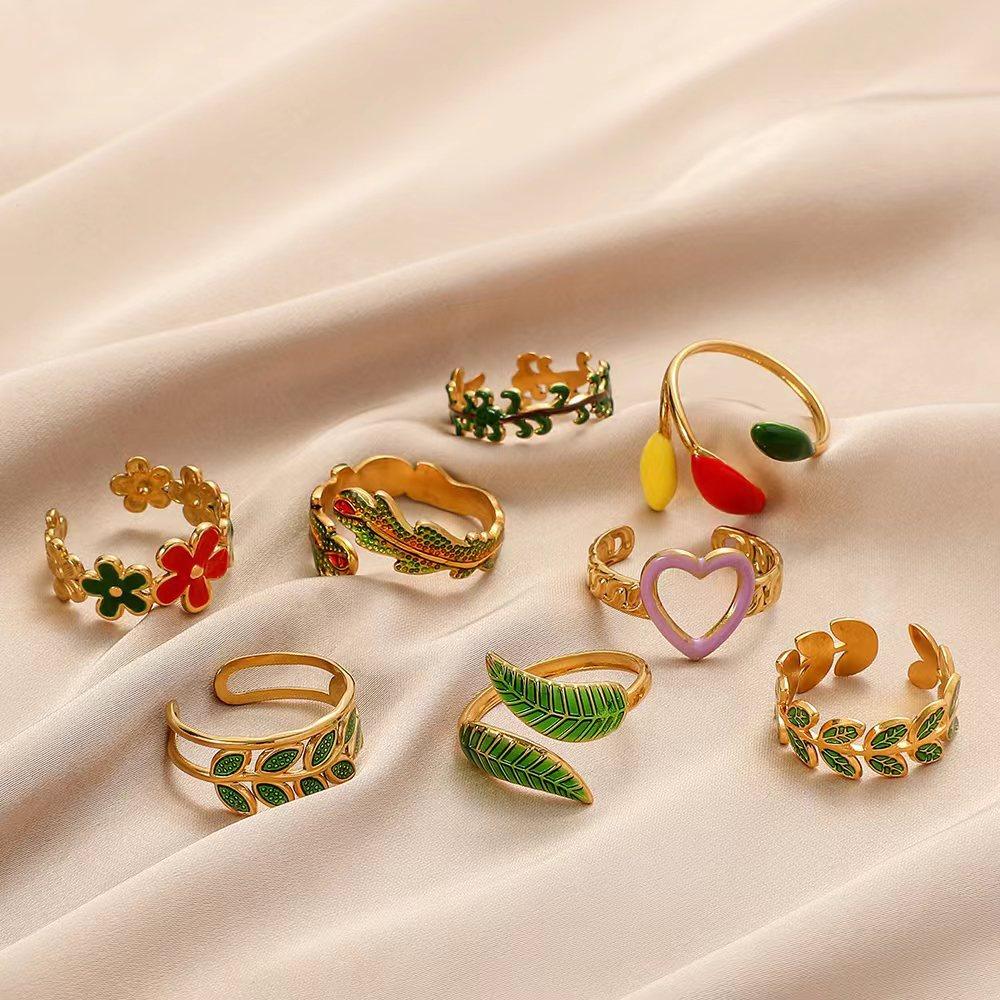 Fashion personality color drop oil flower feather stainless steel ring love titanium steel open ring jewelry